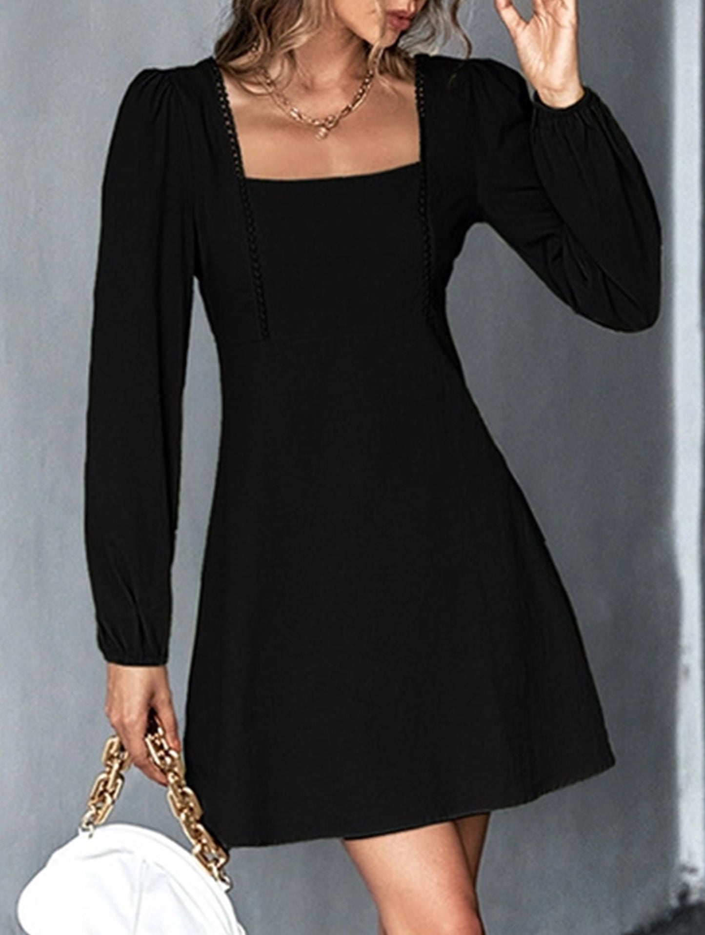 Lace Patchwork Dress with Square Neck and A-Line Fit