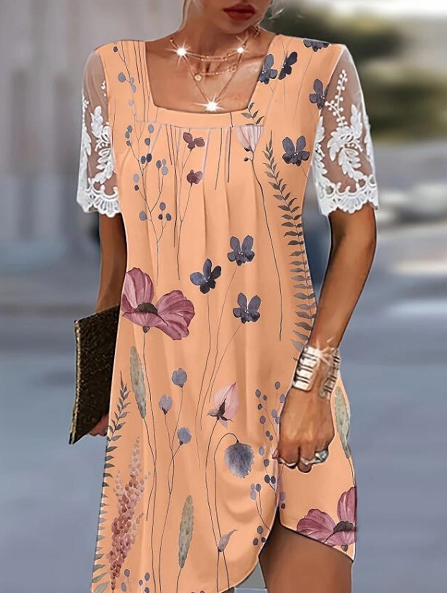 Square Neck Floral Lace Patchwork Dress ??Loose Fit Midi Sundress for Women