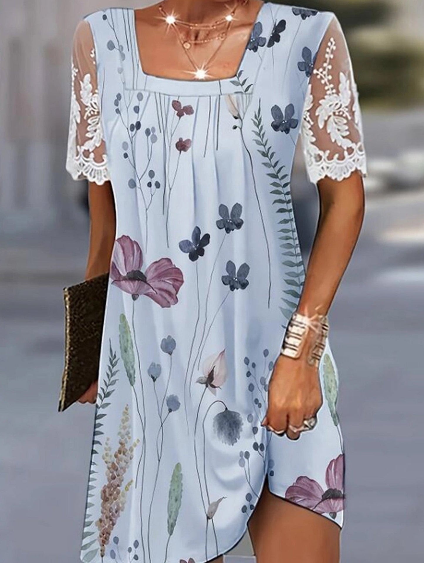 Square Neck Floral Lace Patchwork Dress ??Loose Fit Midi Sundress for Women