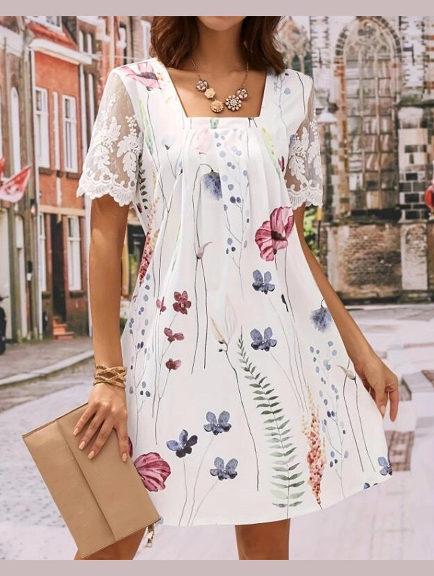 Square Neck Floral Lace Patchwork Dress ??Loose Fit Midi Sundress for Women