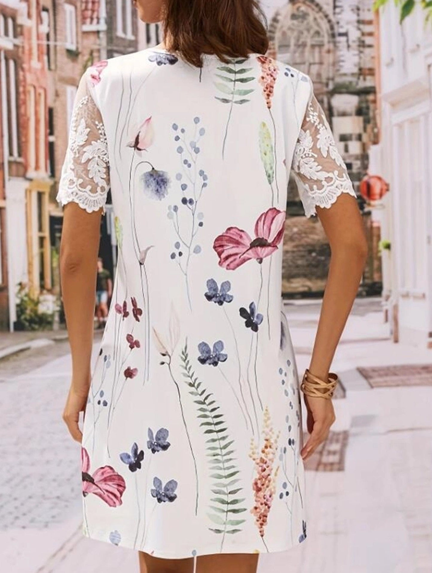 Square Neck Floral Lace Patchwork Dress ??Loose Fit Midi Sundress for Women