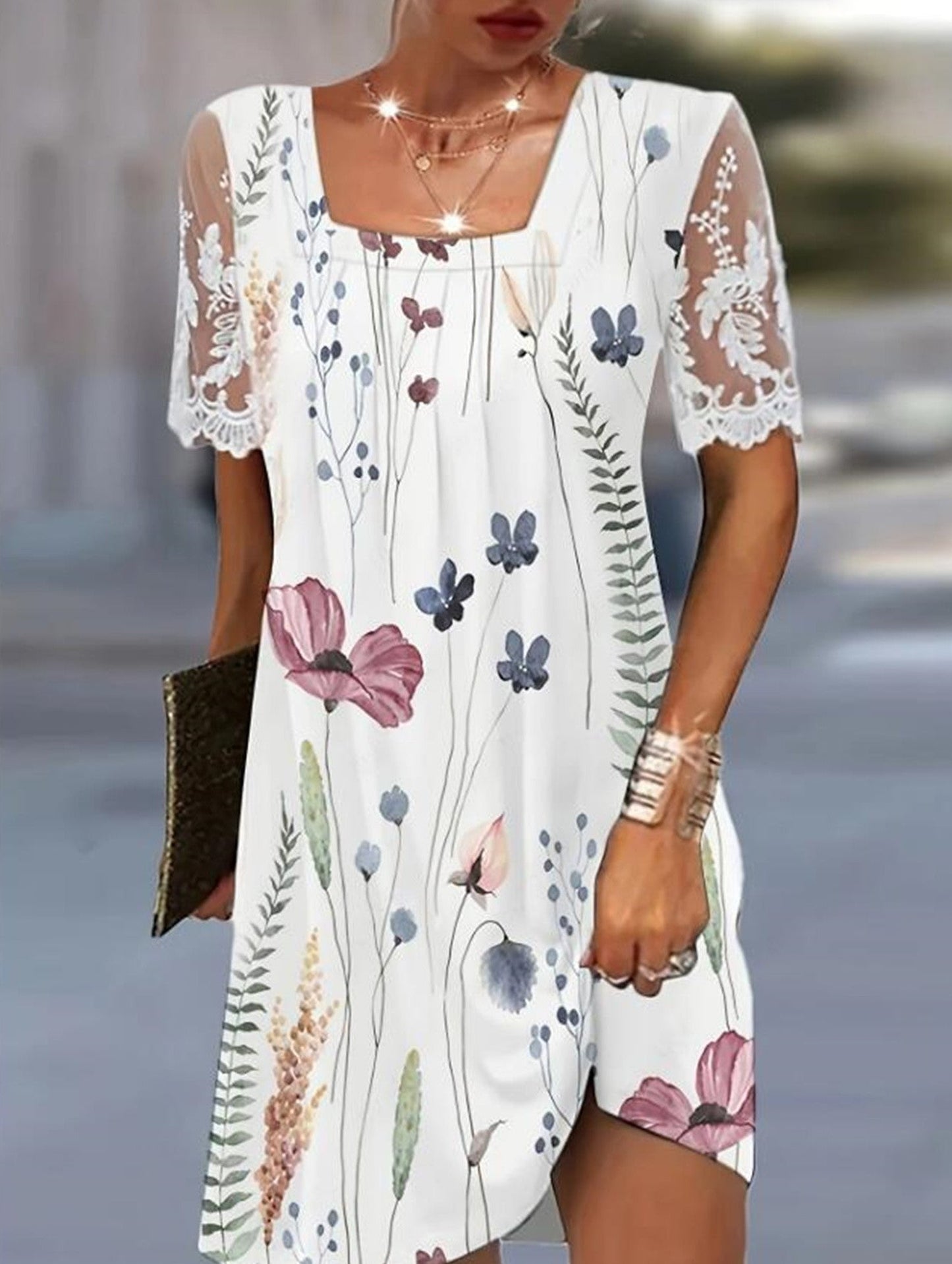 Square Neck Floral Lace Patchwork Dress ??Loose Fit Midi Sundress for Women