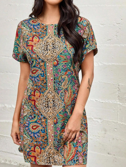 Printed Holiday Style Short Sleeve Dress ??Lightweight Polyester, S??œXXL