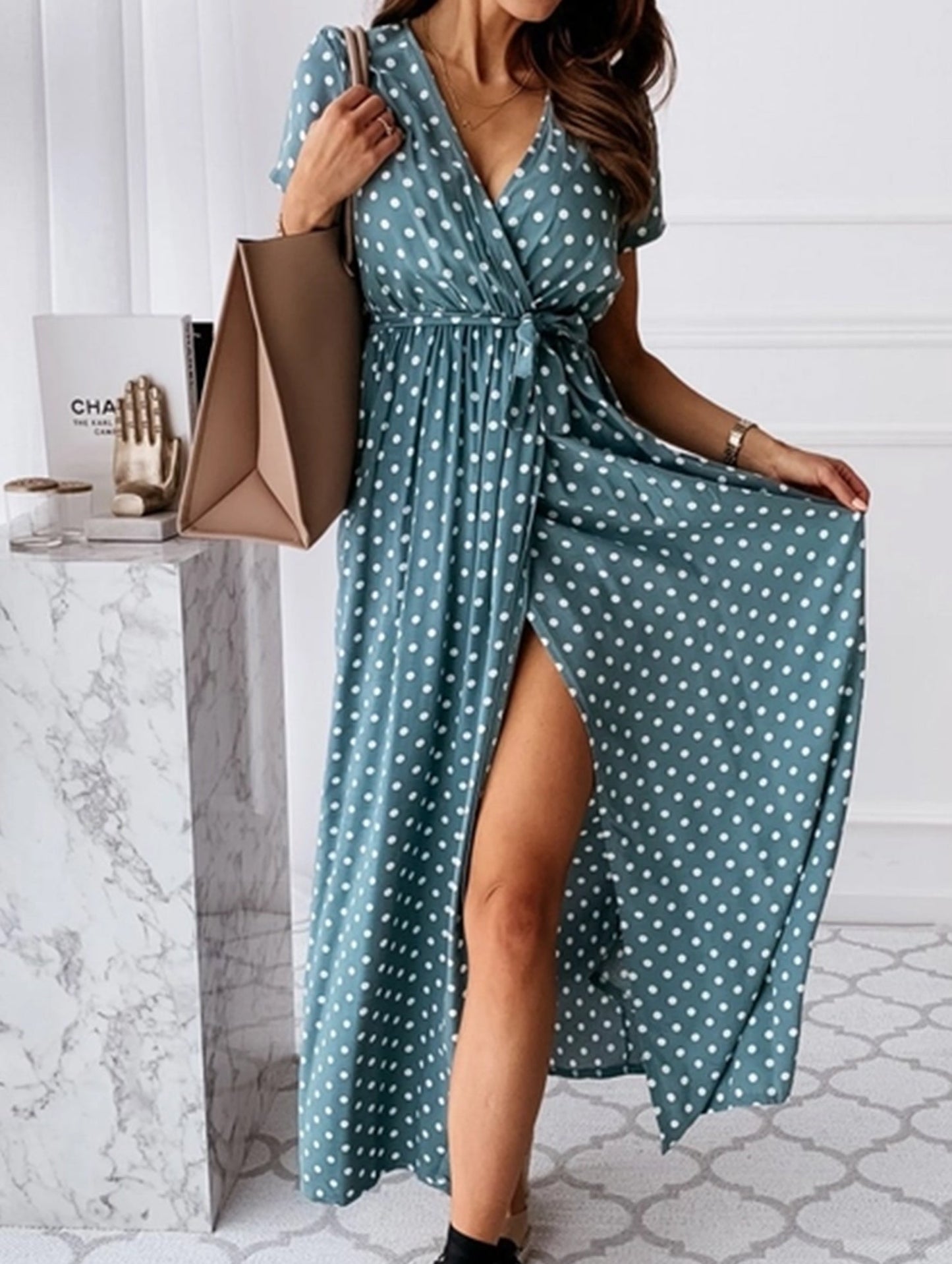 Bohemian V-Neck Polka Dot Dress ??Short Sleeve, Flowy Fit, S??XL