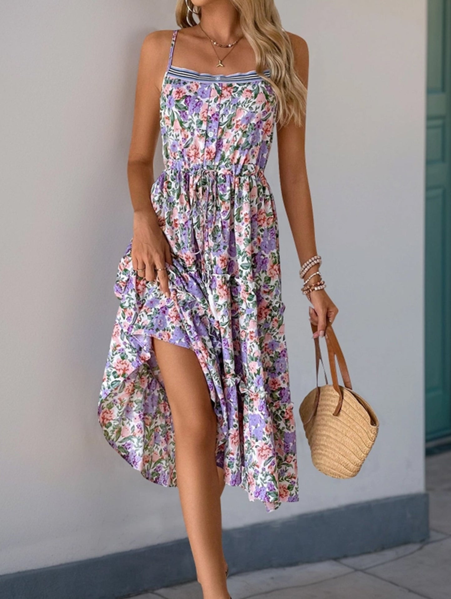 Layered Floral Print Maxi Dress with Drawstring Waist ??Casual Summer Dress