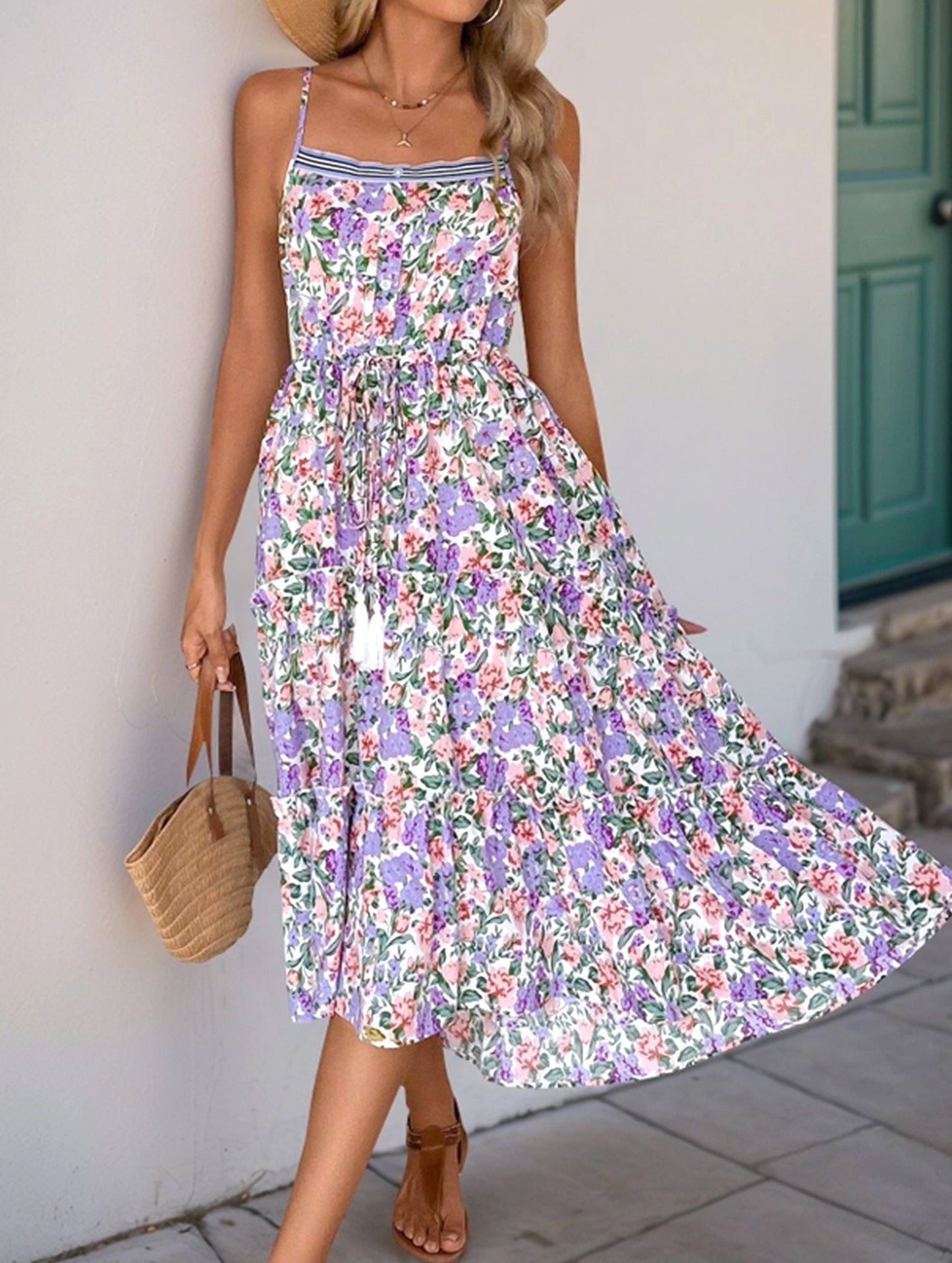 Layered Floral Print Maxi Dress with Drawstring Waist ??Casual Summer Dress
