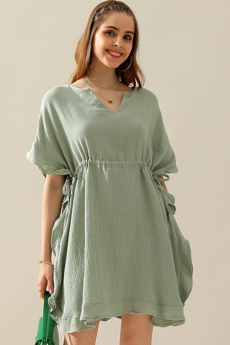SOFT COTTON DRAWSTRING WAIST WITH RUFFLE HEM DRESS - Doublju