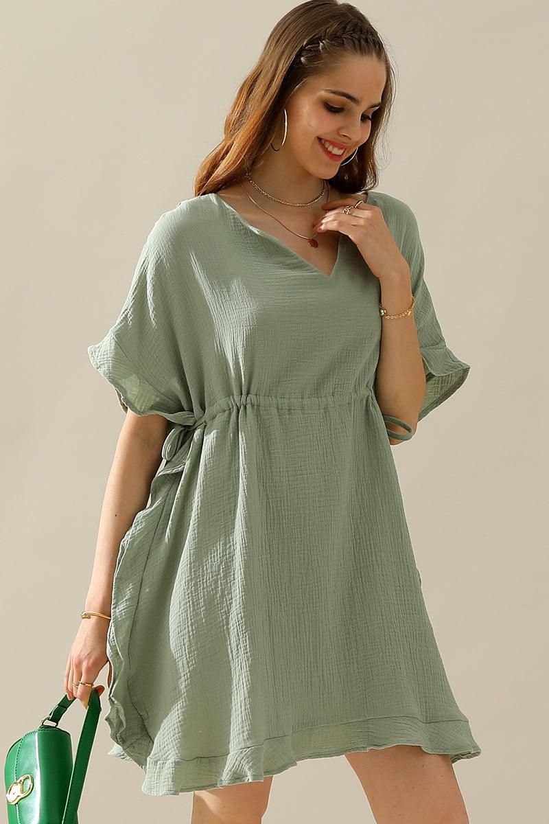 SOFT COTTON DRAWSTRING WAIST WITH RUFFLE HEM DRESS - Doublju