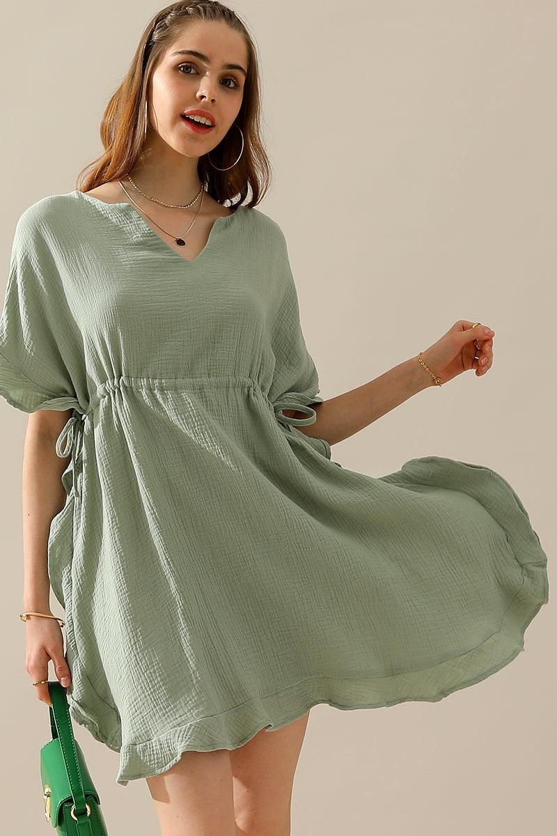 SOFT COTTON DRAWSTRING WAIST WITH RUFFLE HEM DRESS - Doublju