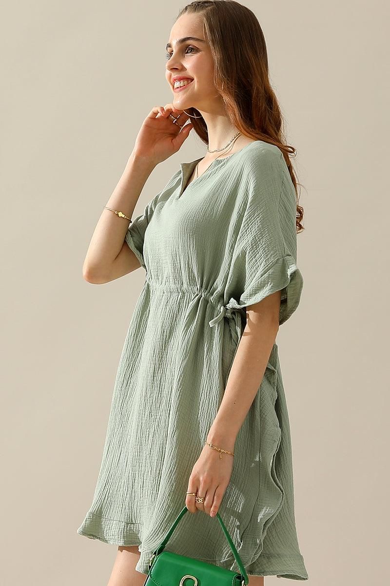 SOFT COTTON DRAWSTRING WAIST WITH RUFFLE HEM DRESS - Doublju