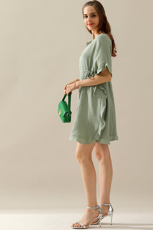 SOFT COTTON DRAWSTRING WAIST WITH RUFFLE HEM DRESS - Doublju