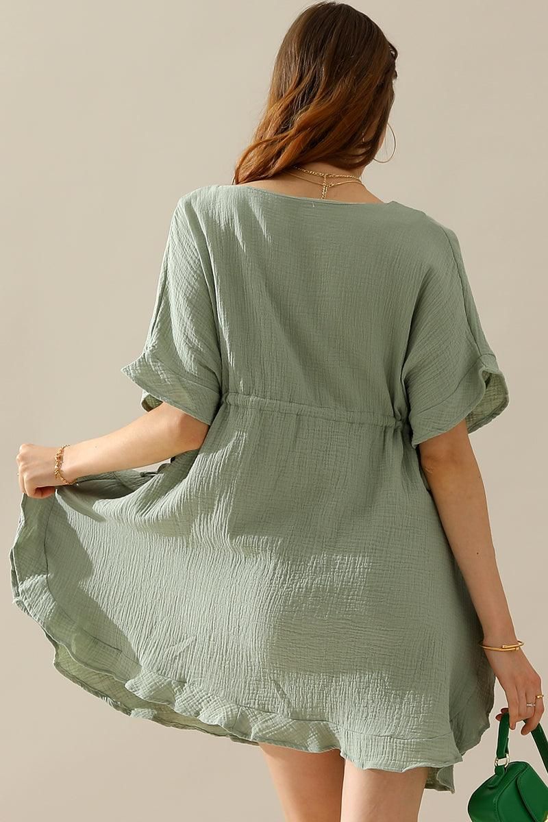 SOFT COTTON DRAWSTRING WAIST WITH RUFFLE HEM DRESS - Doublju