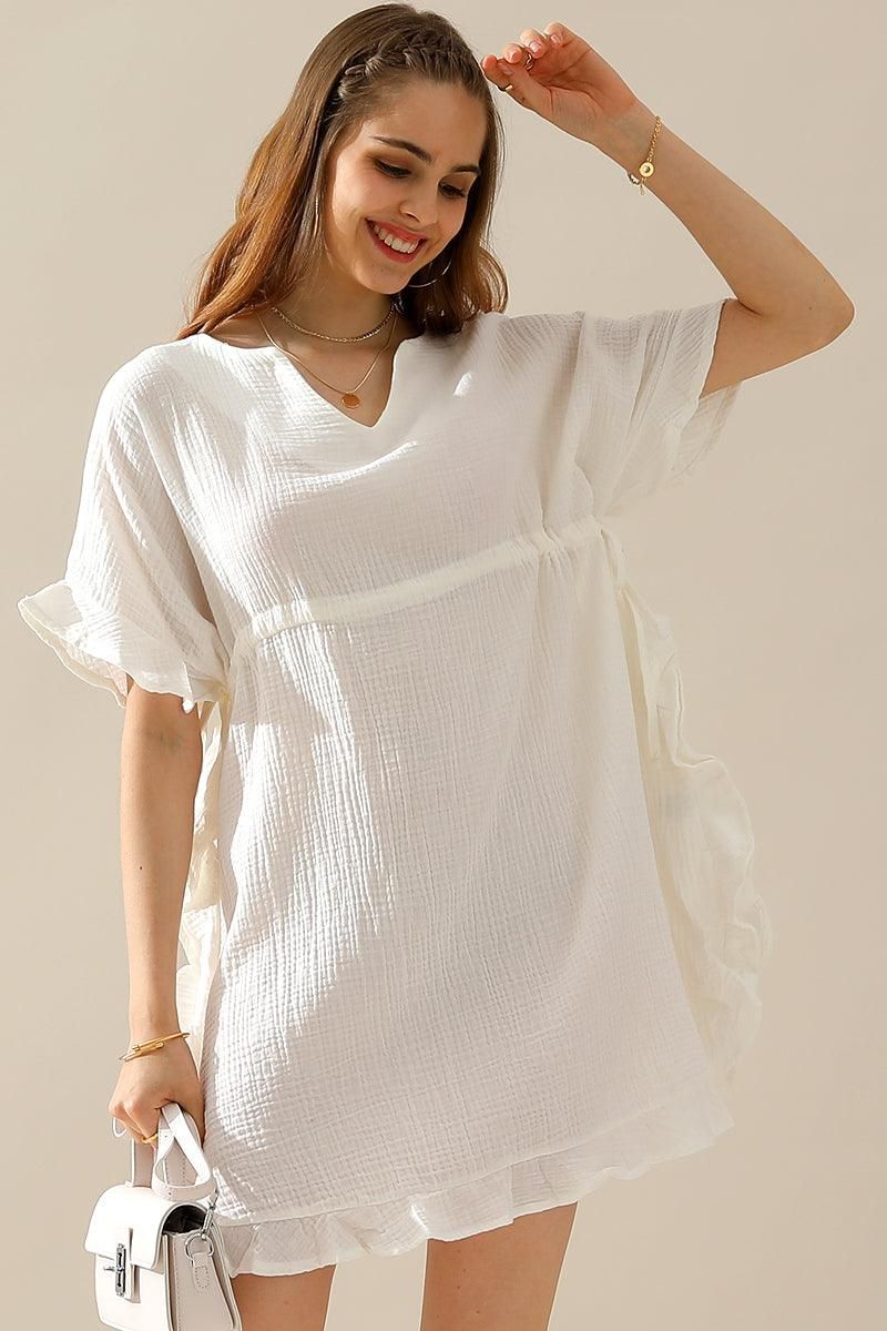 SOFT COTTON DRAWSTRING WAIST WITH RUFFLE HEM DRESS - Doublju