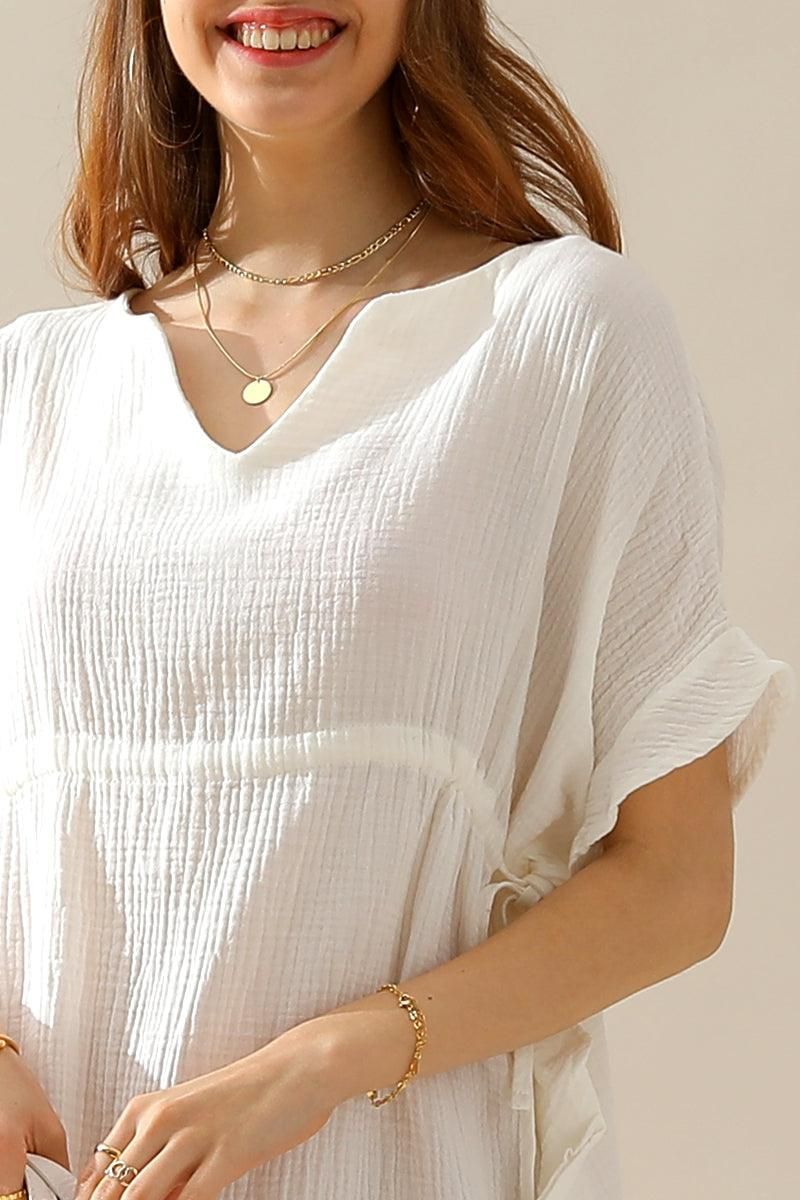 SOFT COTTON DRAWSTRING WAIST WITH RUFFLE HEM DRESS - Doublju