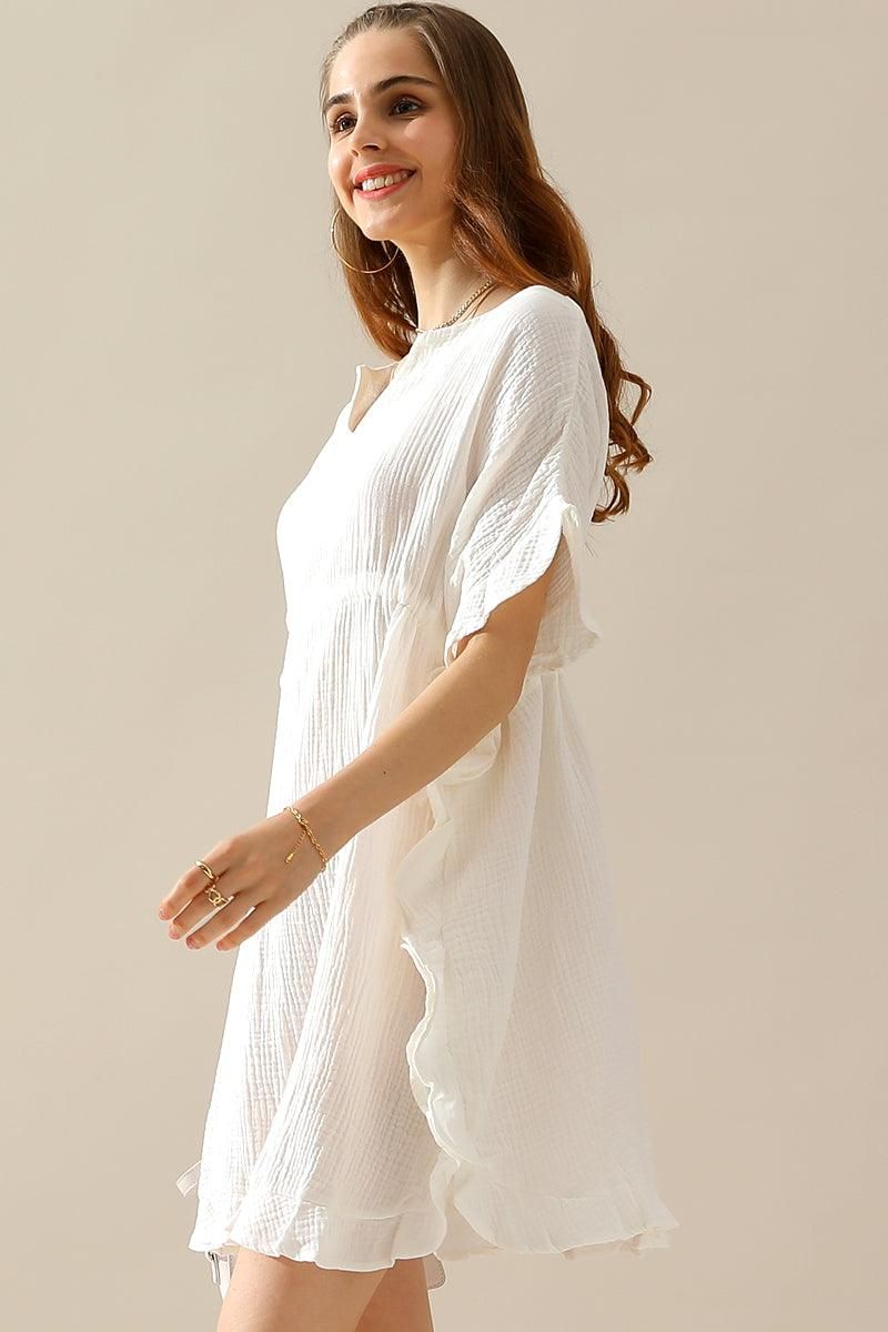 SOFT COTTON DRAWSTRING WAIST WITH RUFFLE HEM DRESS - Doublju