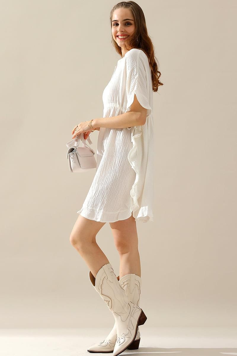SOFT COTTON DRAWSTRING WAIST WITH RUFFLE HEM DRESS - Doublju