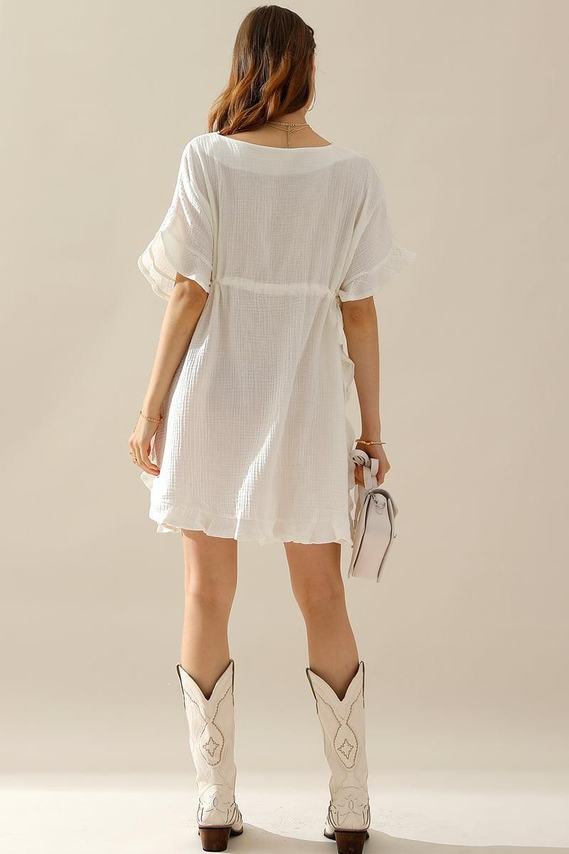 SOFT COTTON DRAWSTRING WAIST WITH RUFFLE HEM DRESS - Doublju