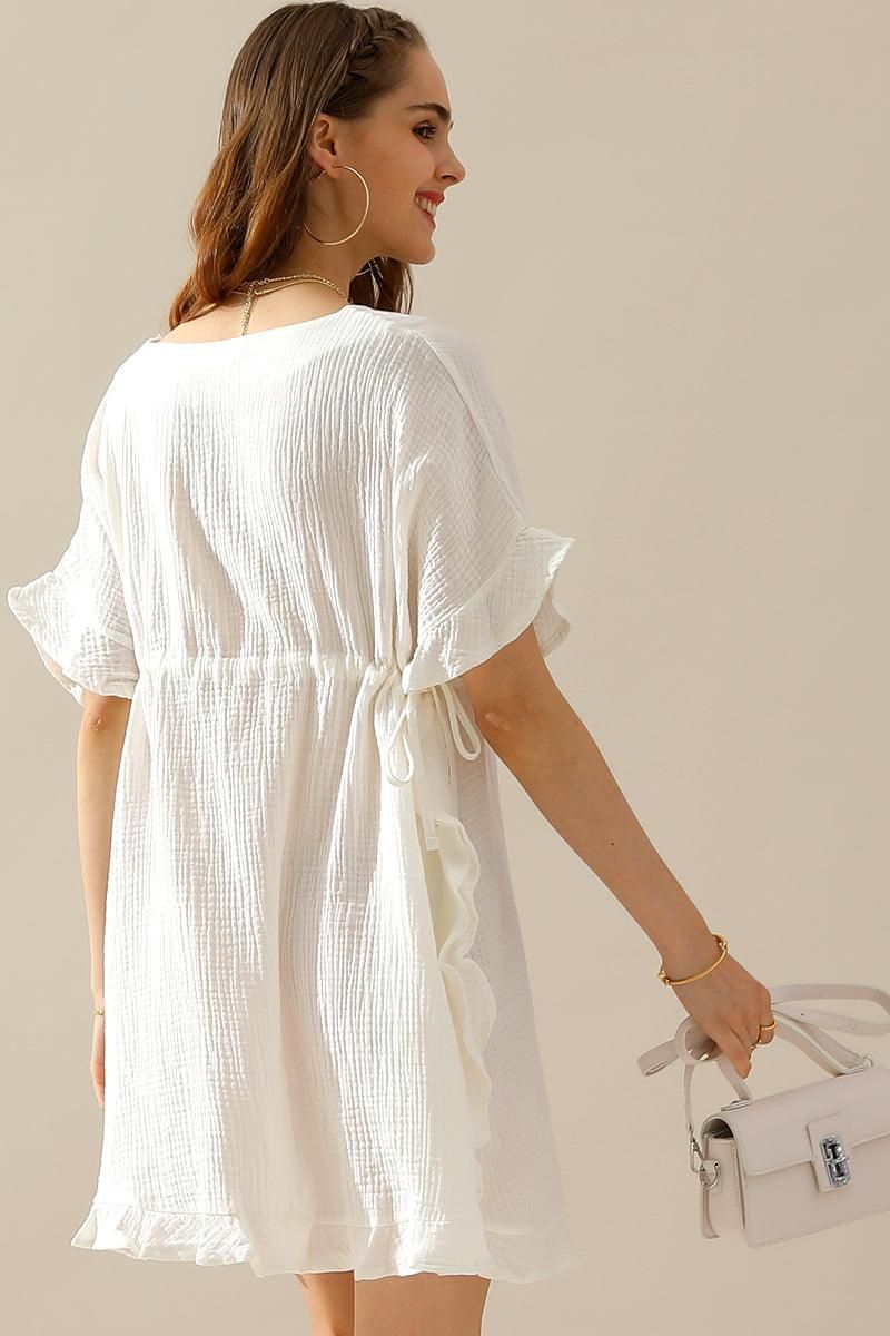 SOFT COTTON DRAWSTRING WAIST WITH RUFFLE HEM DRESS - Doublju