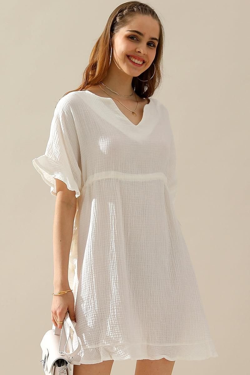 SOFT COTTON DRAWSTRING WAIST WITH RUFFLE HEM DRESS - Doublju