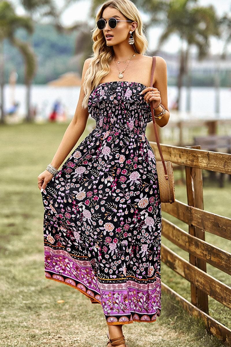 BOHEMIAN RUFFLED CHEST FLARE SLIT TUBE DRESS - Doublju