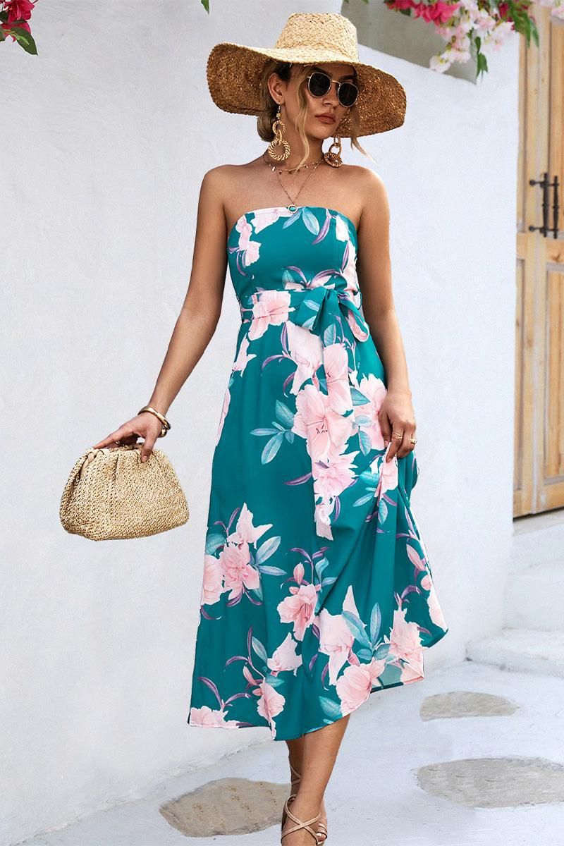 FLORAL PRINTING WOMEN TUBE DRESS - Doublju