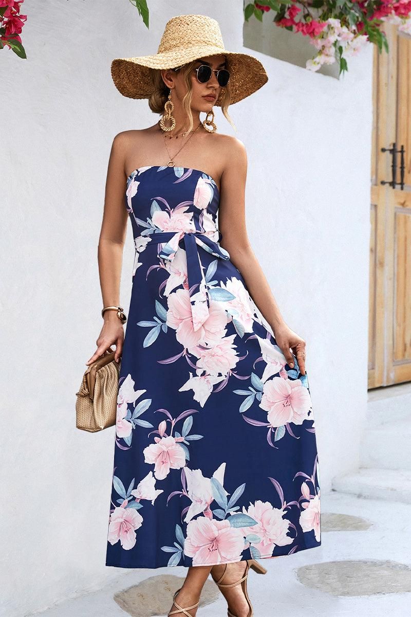 FLORAL PRINTING WOMEN TUBE DRESS - Doublju