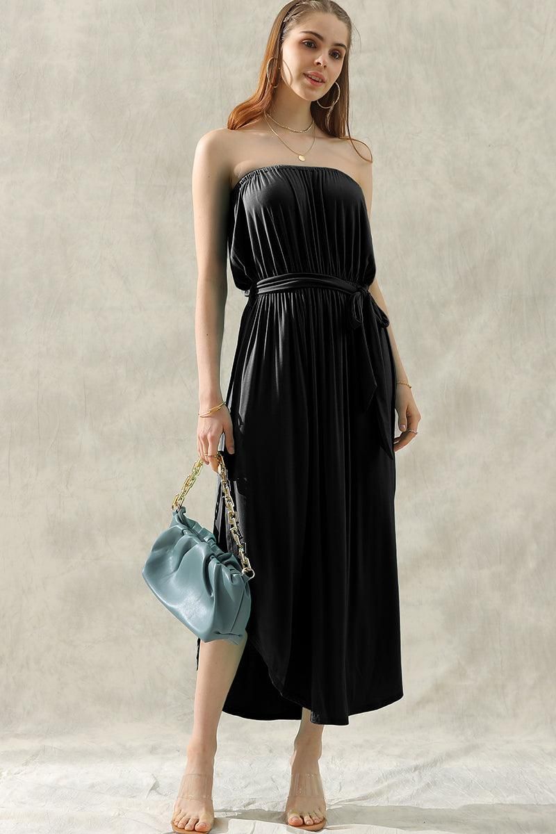 OFF SHOULDER TUBE TOP MAXI DRESS WITH WAIST STRAP - Doublju