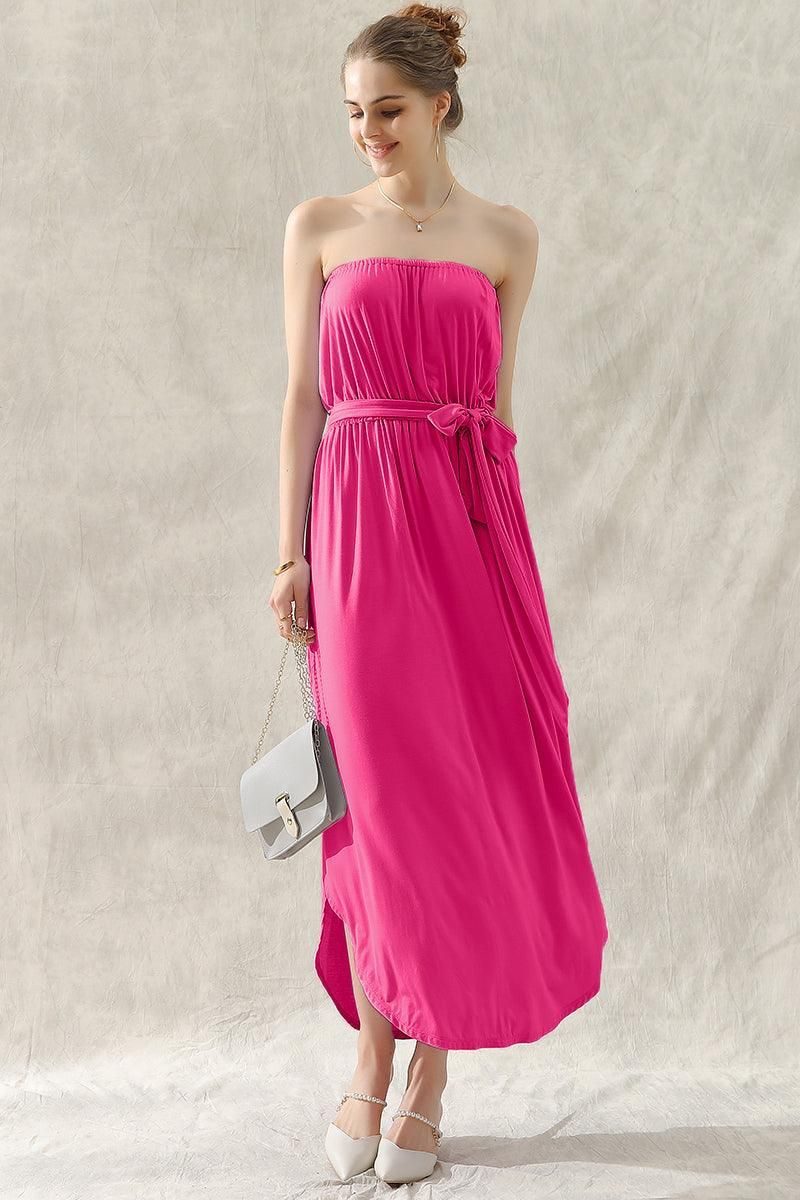 OFF SHOULDER TUBE TOP MAXI DRESS WITH WAIST STRAP - Doublju