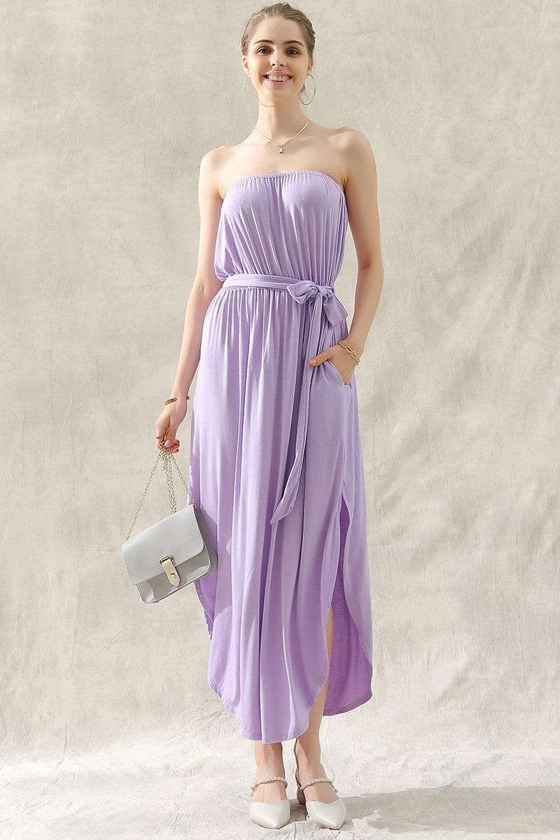 OFF SHOULDER TUBE TOP MAXI DRESS WITH WAIST STRAP - Doublju