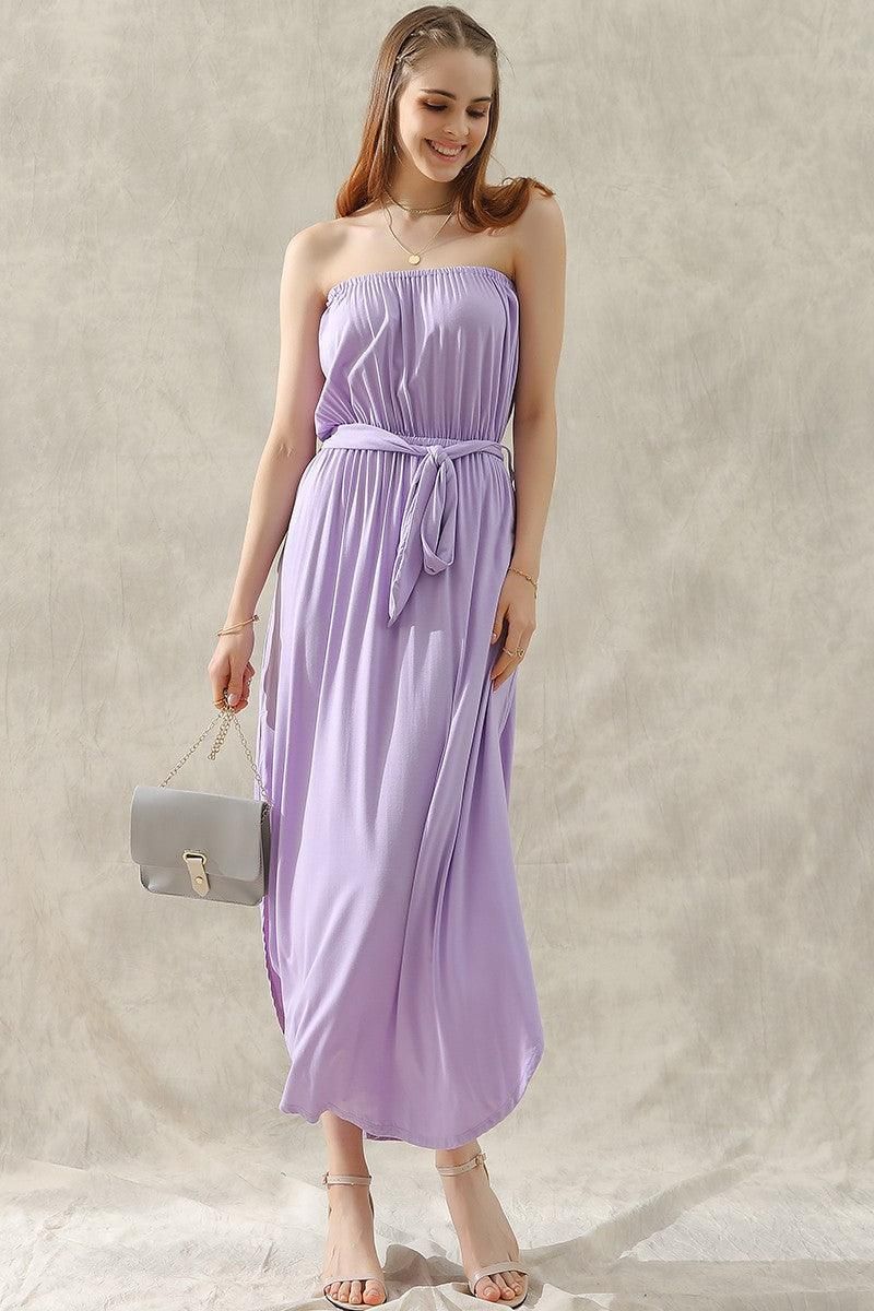 OFF SHOULDER TUBE TOP MAXI DRESS WITH WAIST STRAP - Doublju