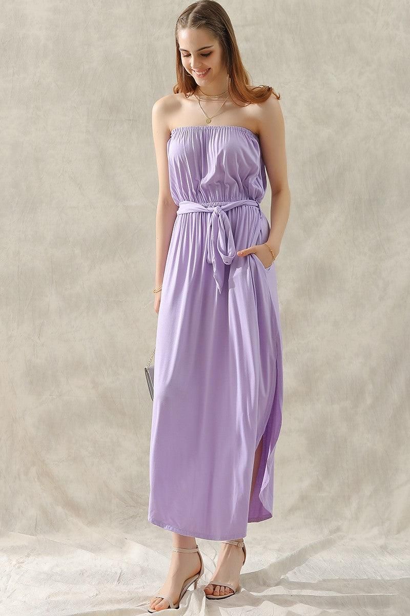 OFF SHOULDER TUBE TOP MAXI DRESS WITH WAIST STRAP - Doublju