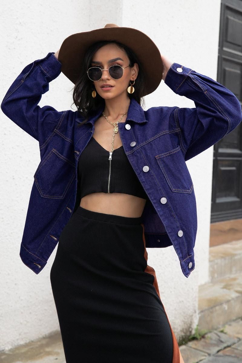 LONG SLEEVE LOOSE FIT DENIM JACKET - Doublju