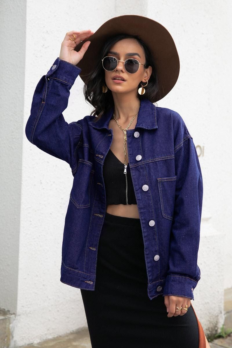 LONG SLEEVE LOOSE FIT DENIM JACKET - Doublju