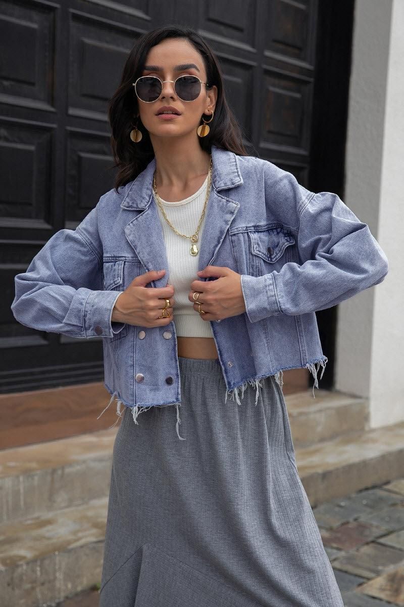 STREET HIPSTER JANE DENIM LAPEL JACKET - Doublju
