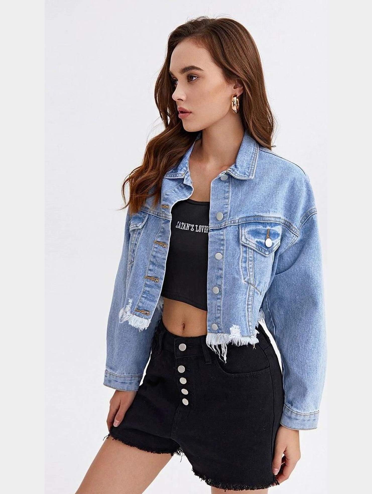 LONG SLEEVE BUTTON CLOSURE SHORT DENIM JACKET - Doublju