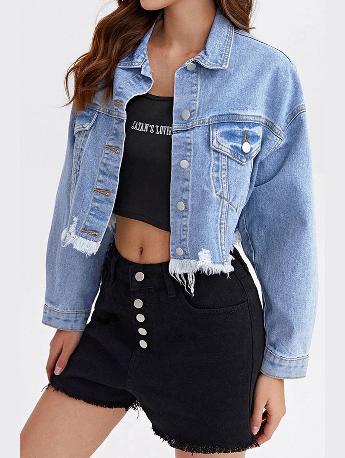 LONG SLEEVE BUTTON CLOSURE SHORT DENIM JACKET
