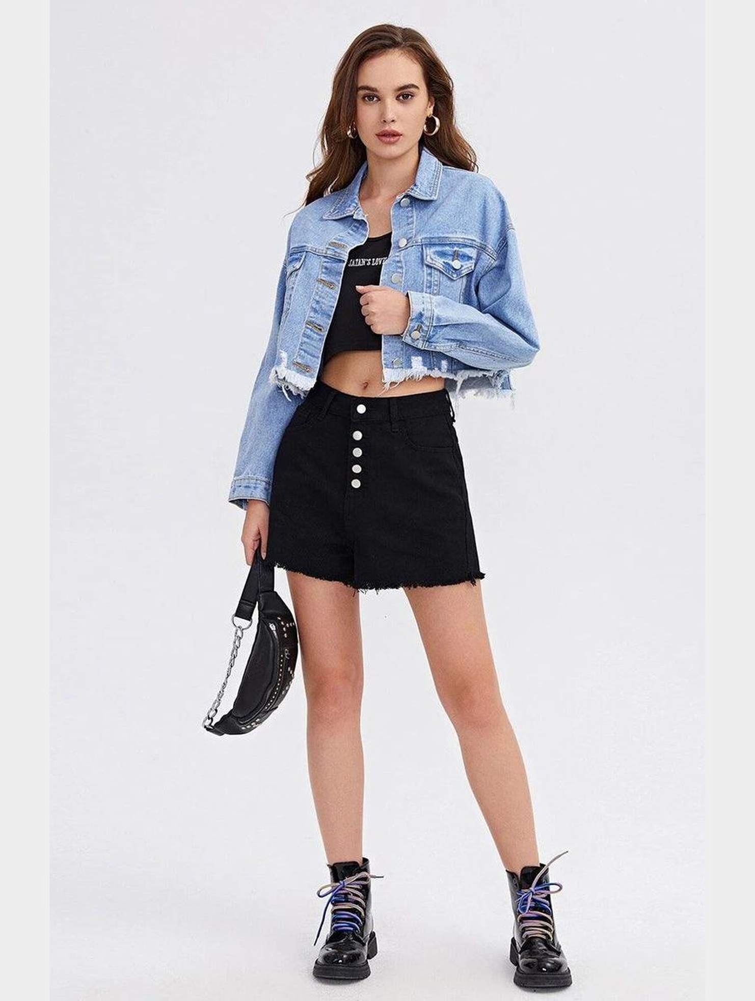 LONG SLEEVE BUTTON CLOSURE SHORT DENIM JACKET - Doublju
