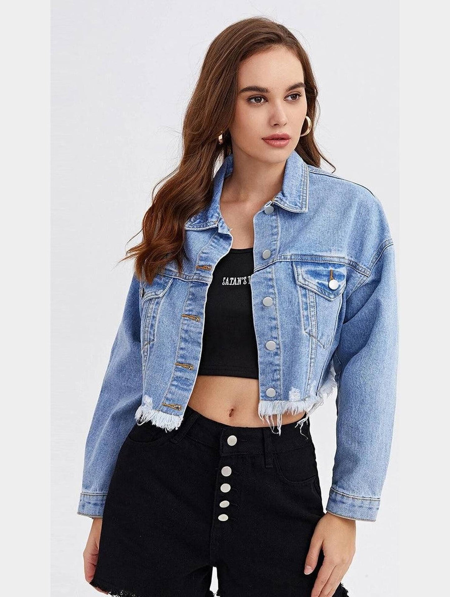 LONG SLEEVE BUTTON CLOSURE SHORT DENIM JACKET - Doublju