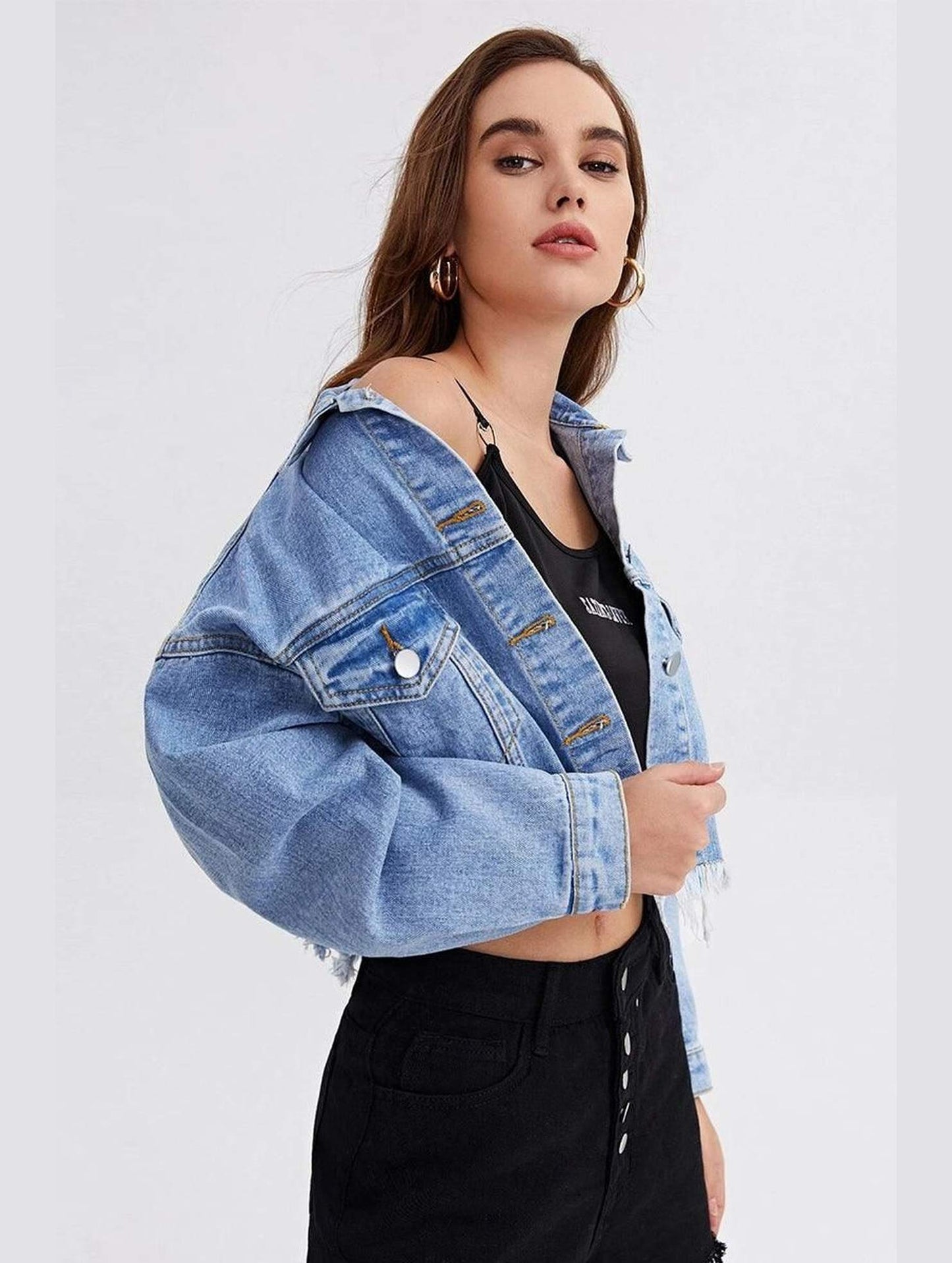 LONG SLEEVE BUTTON CLOSURE SHORT DENIM JACKET - Doublju