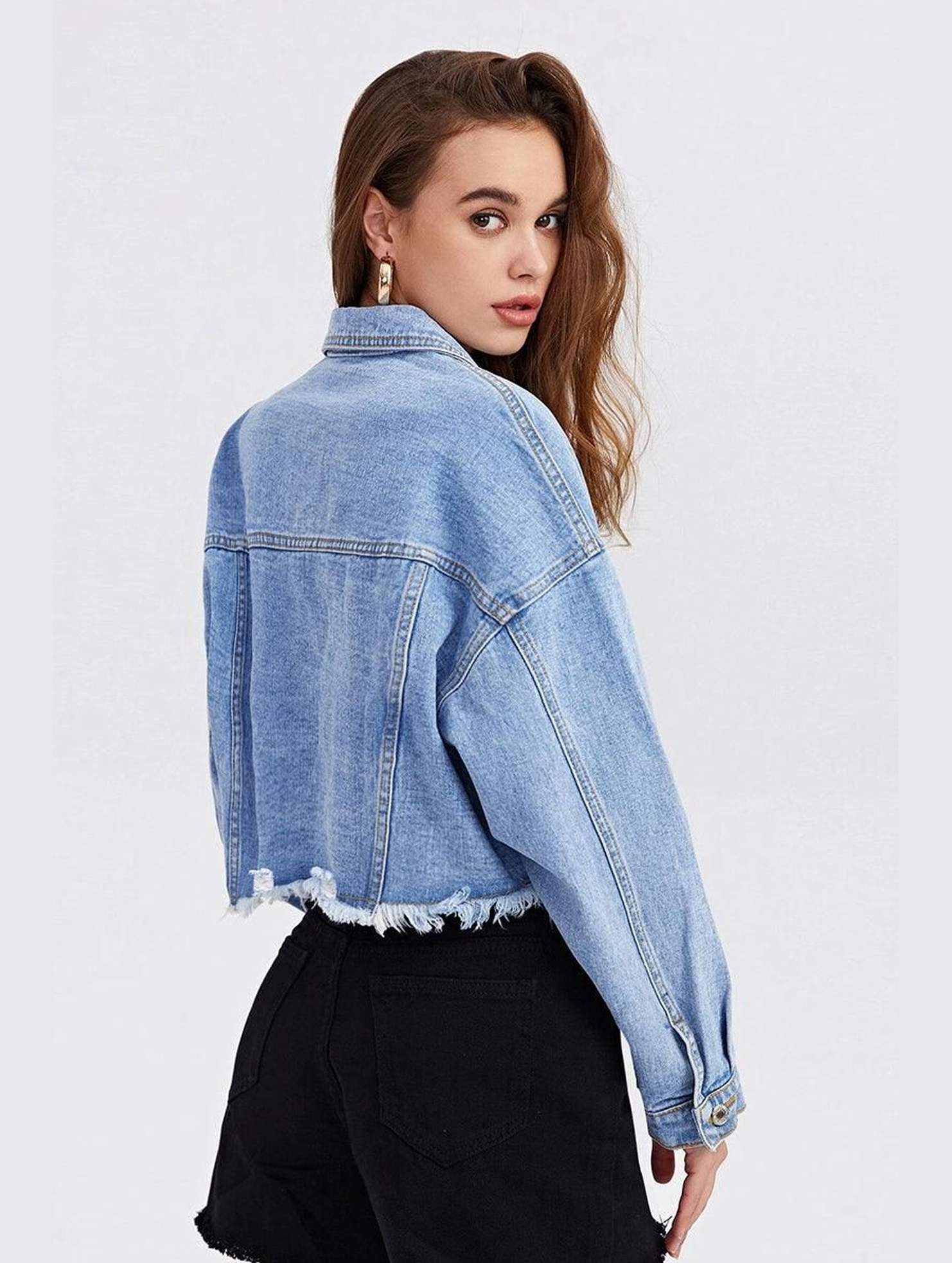 LONG SLEEVE BUTTON CLOSURE SHORT DENIM JACKET - Doublju