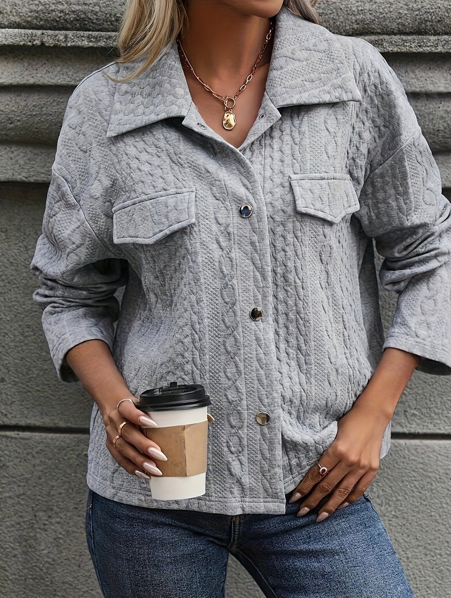 Solid color pocket button loose jacket