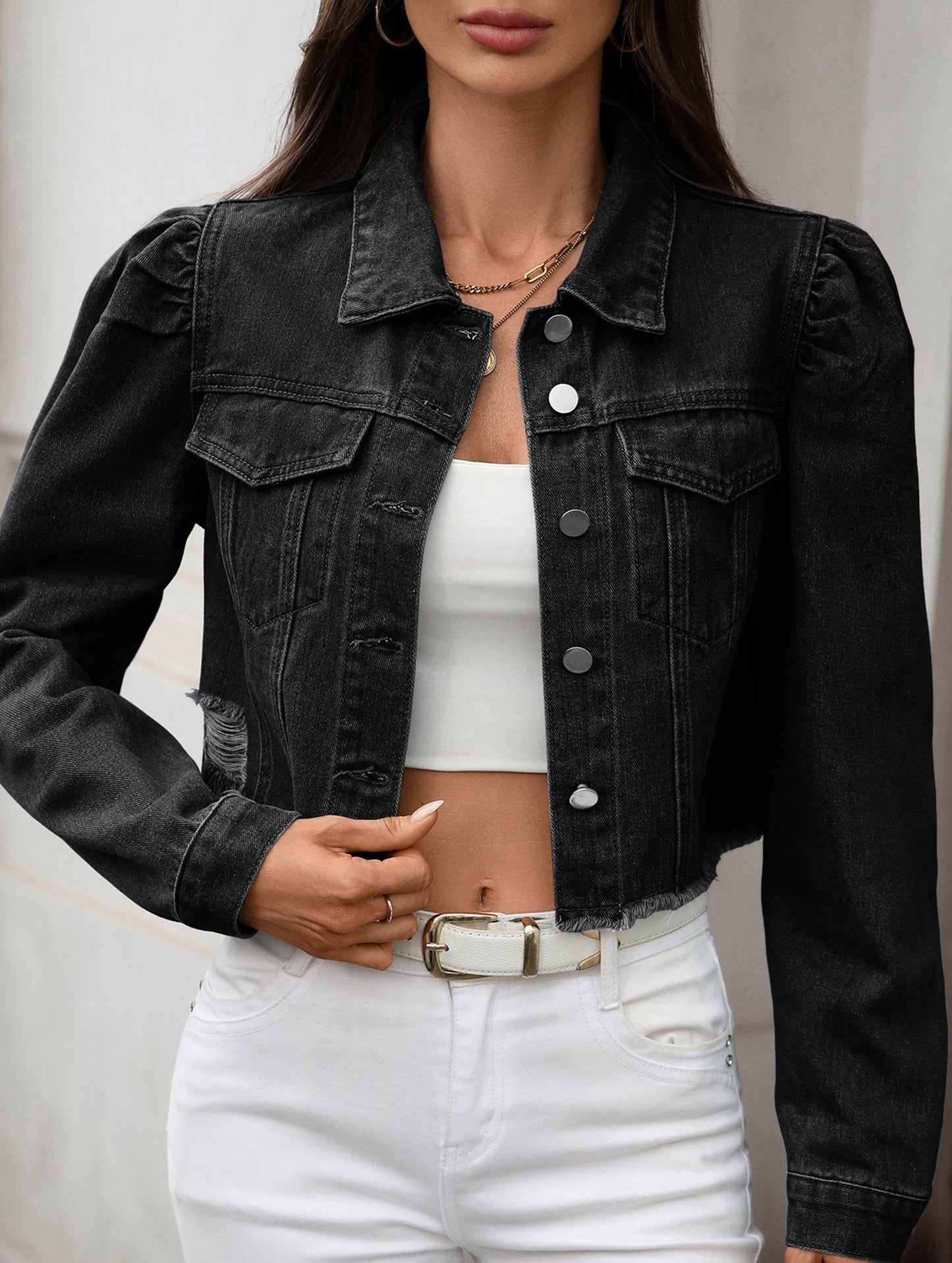 Washed casual raw-edge cropped denim jacket