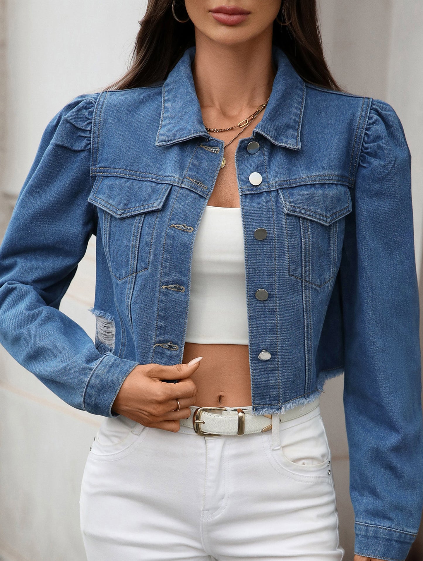 Washed casual raw-edge cropped denim jacket