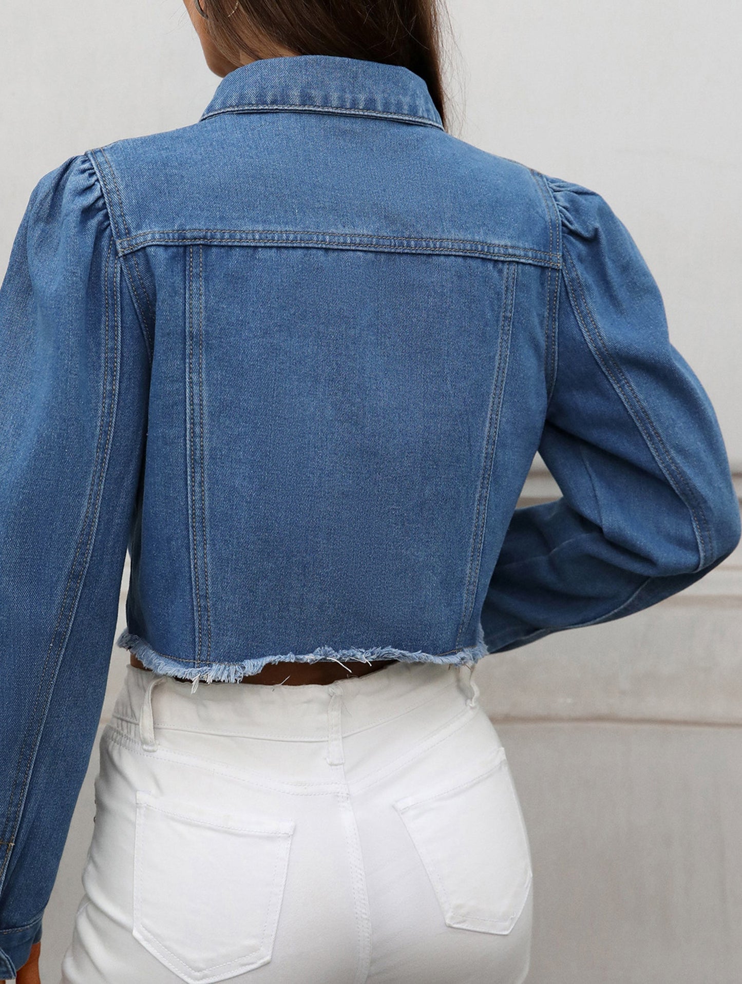 Washed casual raw-edge cropped denim jacket