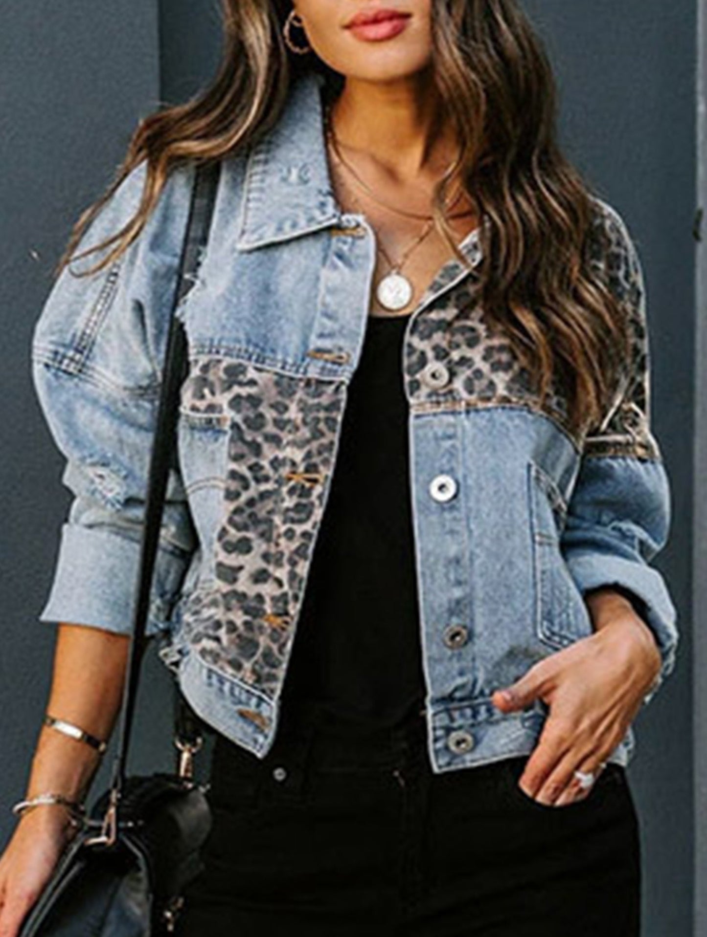 Fashionable printed patchwork ripped denim jacket