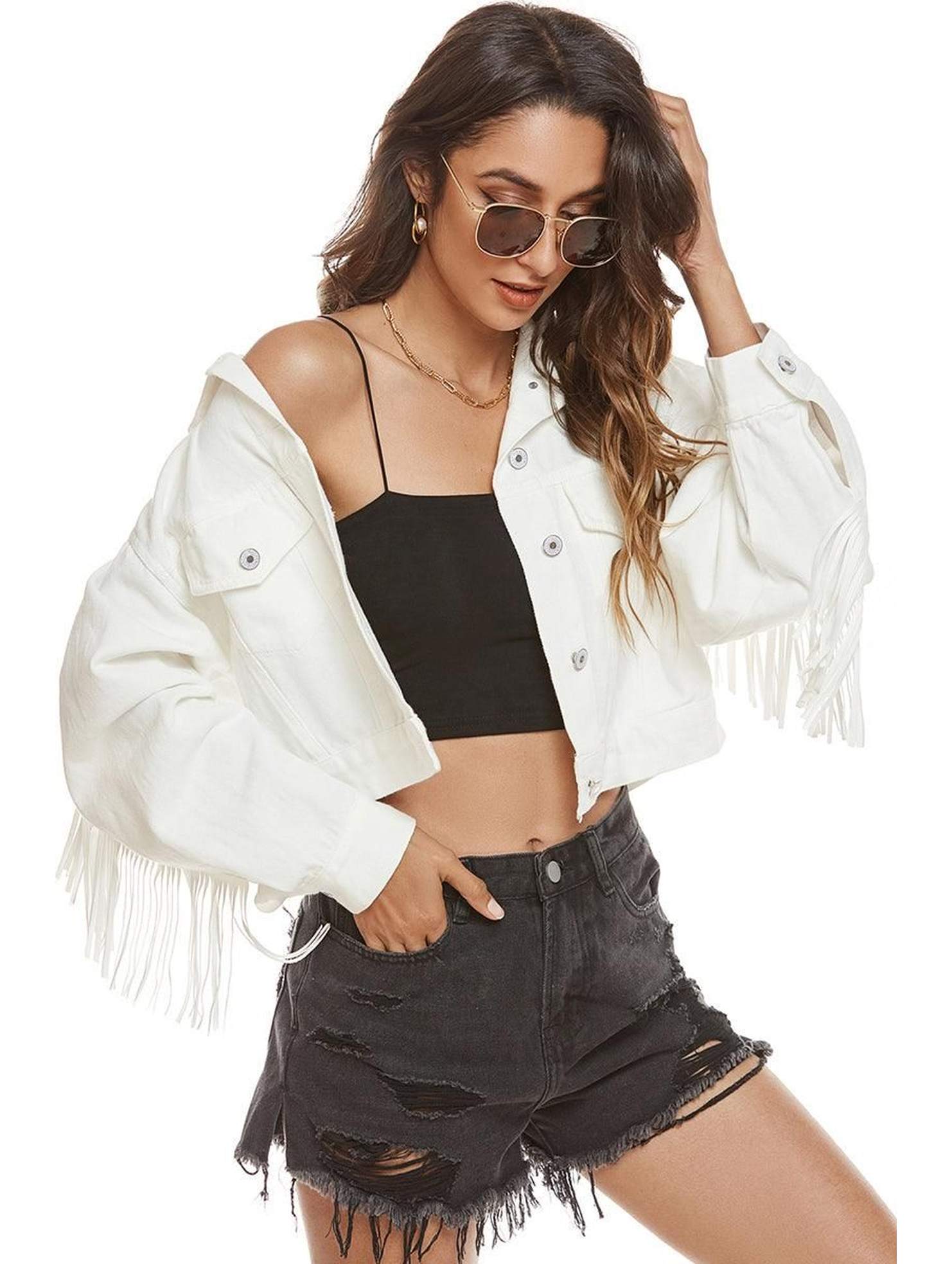 TASSEL DETAILED BUTTON CLOSURE CROP DENIM JACKET - Doublju