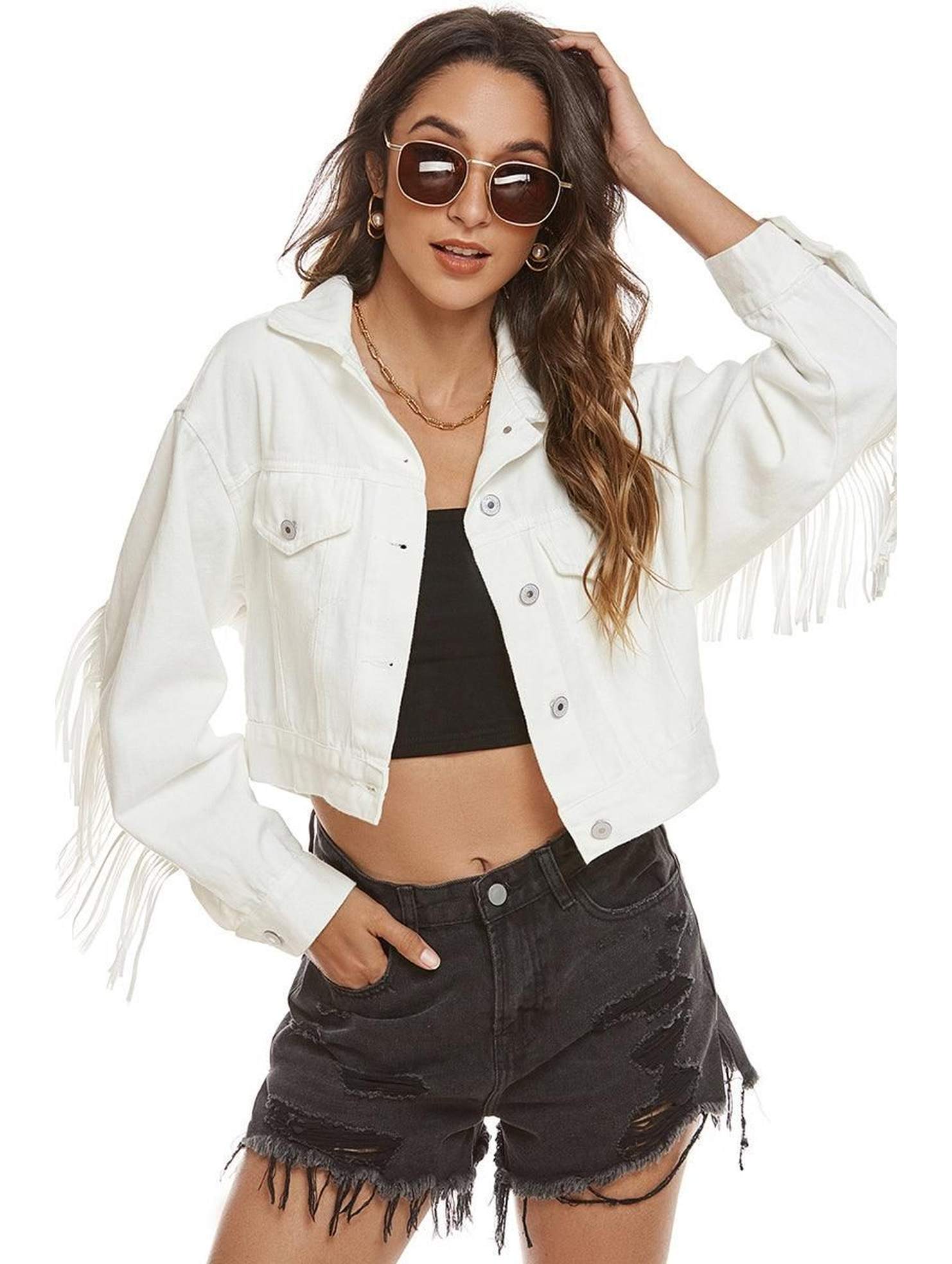 TASSEL DETAILED BUTTON CLOSURE CROP DENIM JACKET - Doublju