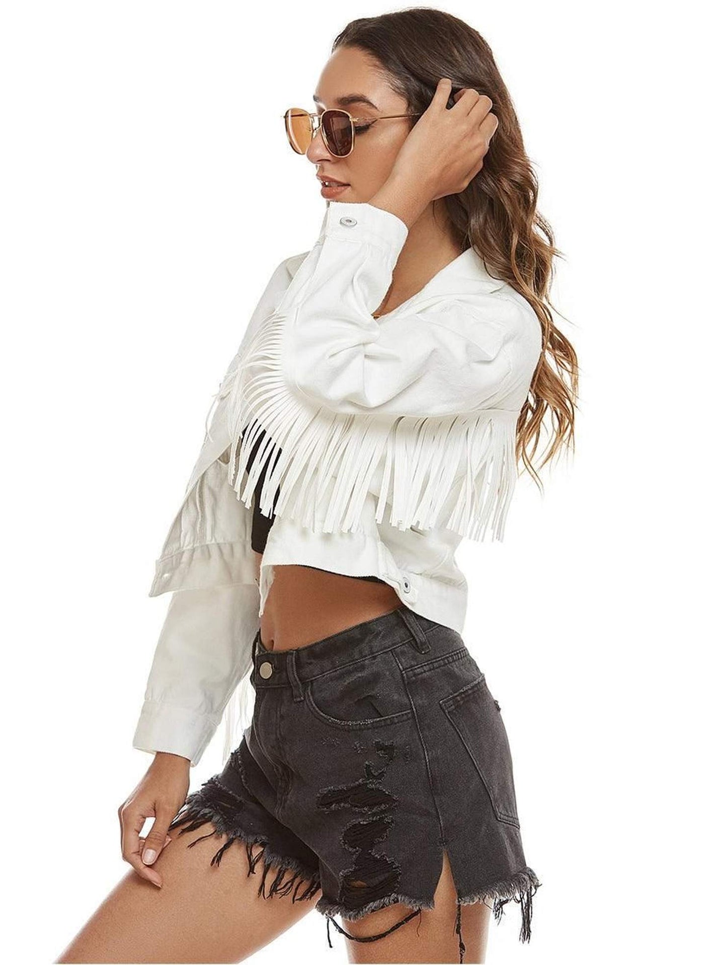 TASSEL DETAILED BUTTON CLOSURE CROP DENIM JACKET - Doublju