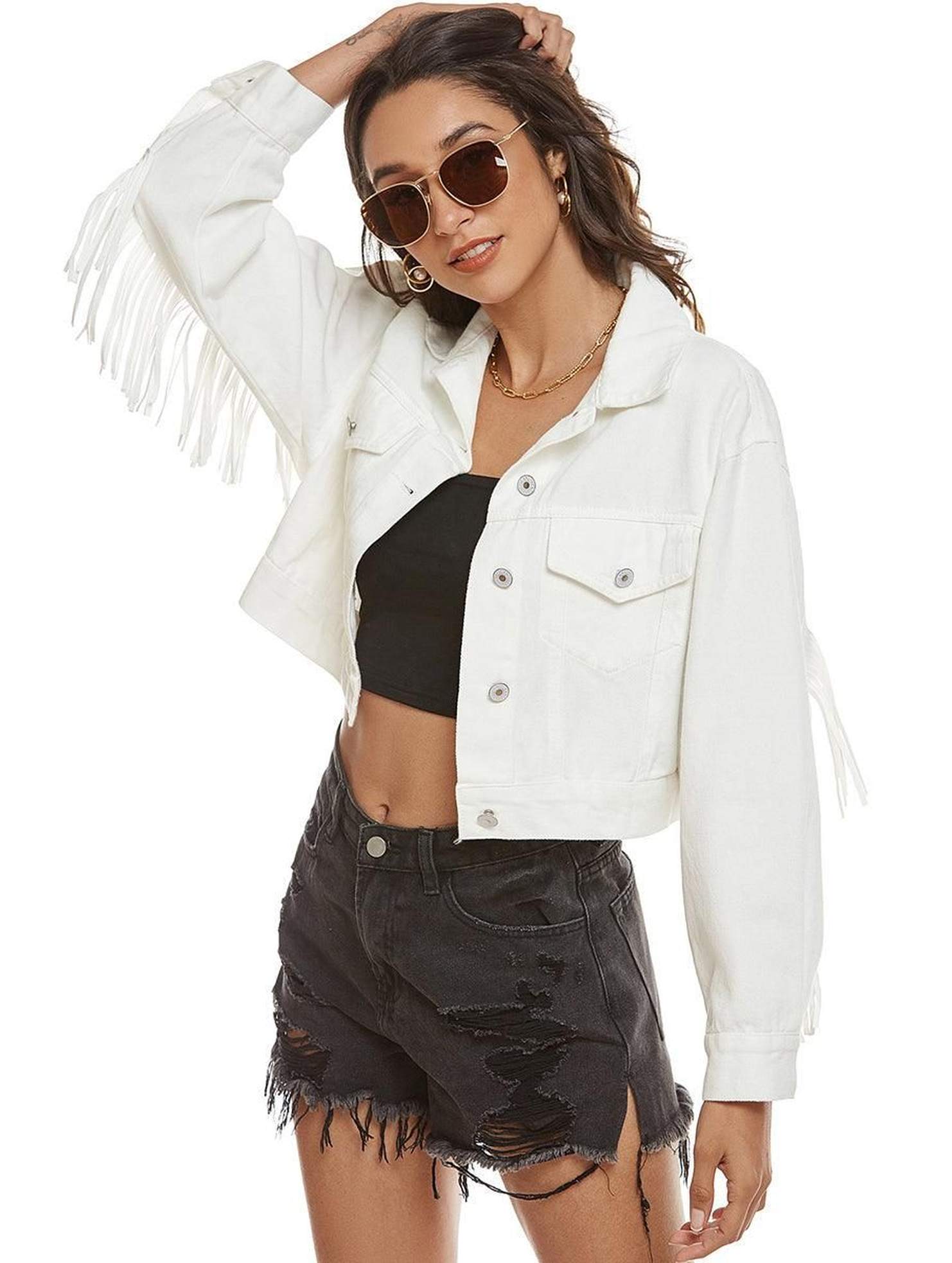 TASSEL DETAILED BUTTON CLOSURE CROP DENIM JACKET - Doublju