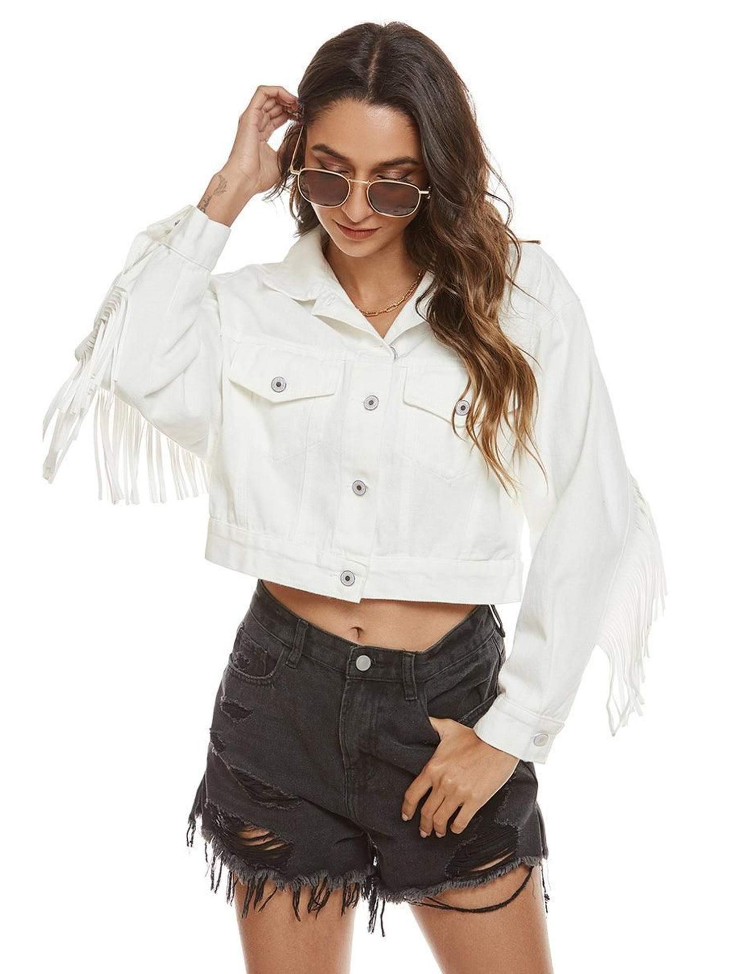 TASSEL DETAILED BUTTON CLOSURE CROP DENIM JACKET - Doublju